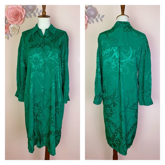 New! KIWE Jaquard Chain Pattern Shirt Dress in Deep Green - Picture 6 of 13